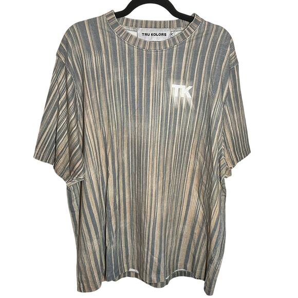 Tru Kolors Men's Blue Tan Vertical Striped Logo Short Sleeve Tee Size XXL - Picture 1 of 8